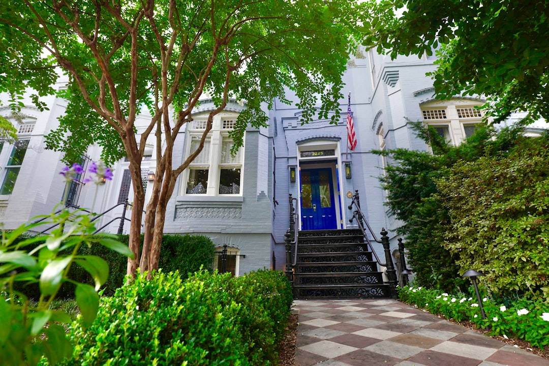 A beautiful house with a blue door.