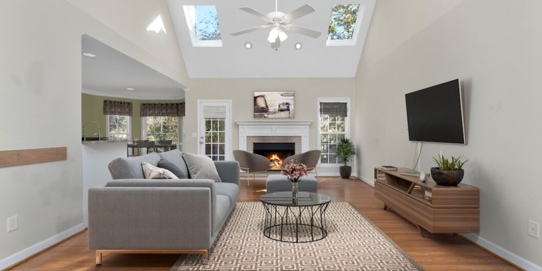 a living room with a fireplace