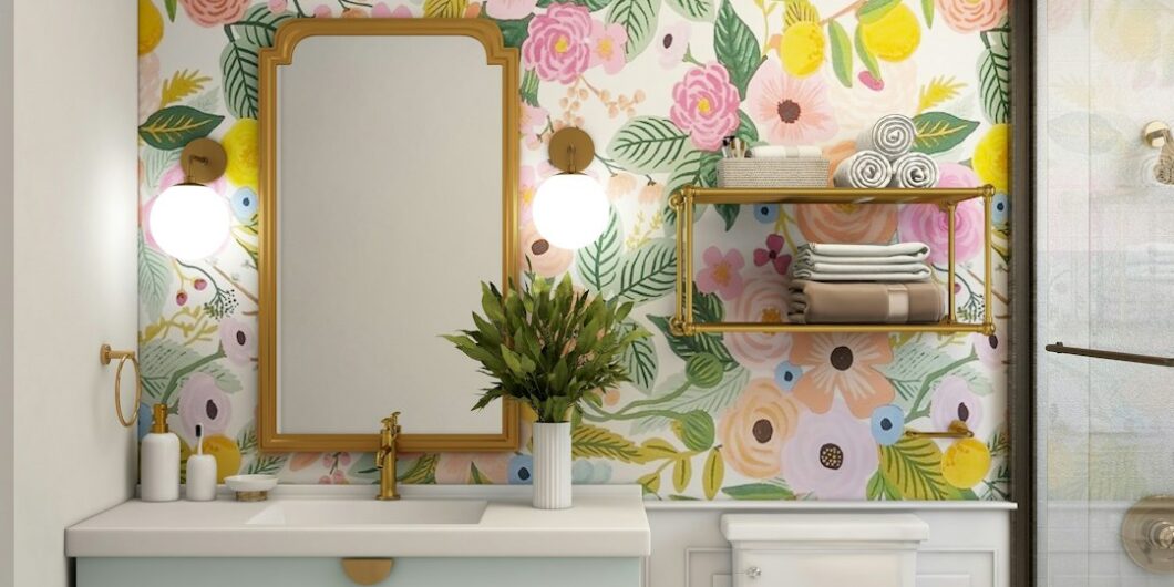 a bathroom with a floral wallpaper and a white toilet